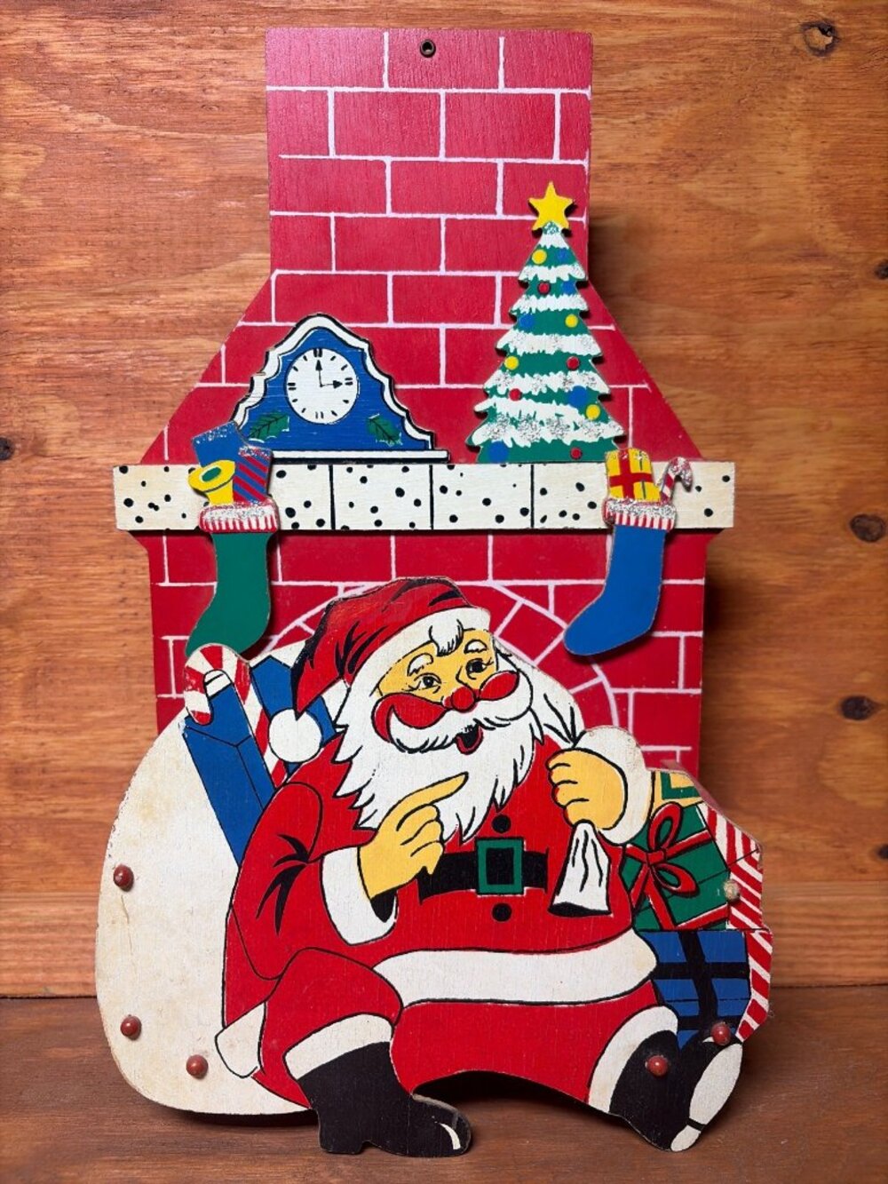 Vintage Wooden Santa & Fireplace Folding Christmas Card Holder Made in Japan